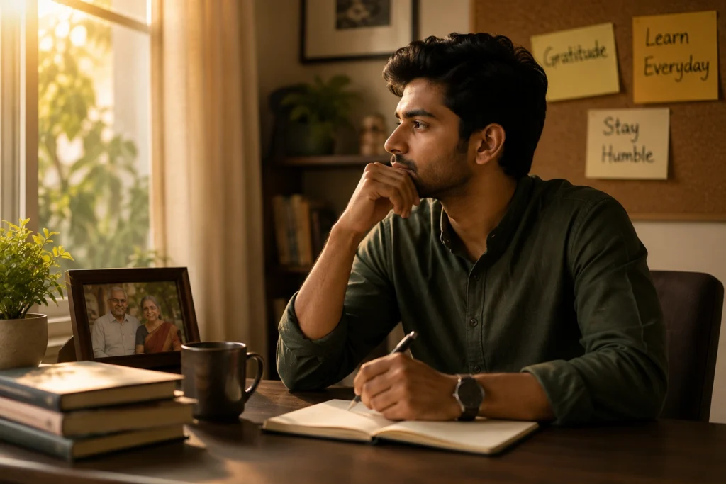 Young Indian man reflecting on gratitude and humility in modern life