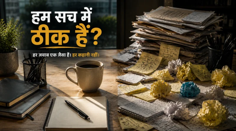 हम सच में ठीक हैं और छिपी भावनाओं का प्रतीक एक ऑफिस डेस्क