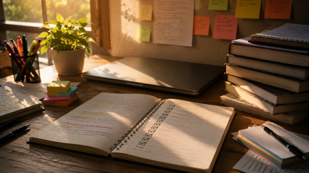 Completed study notes and revision checklist symbolizing learning growth and academic progress