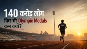 Young Indian athlete running alone on a stadium track at sunrise symbolizing India's Olympic medal challenge.