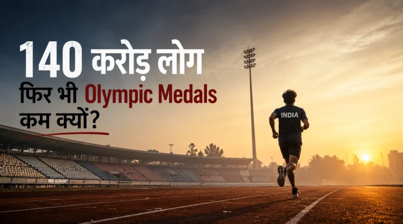 Young Indian athlete running alone on a stadium track at sunrise symbolizing India's Olympic medal challenge.