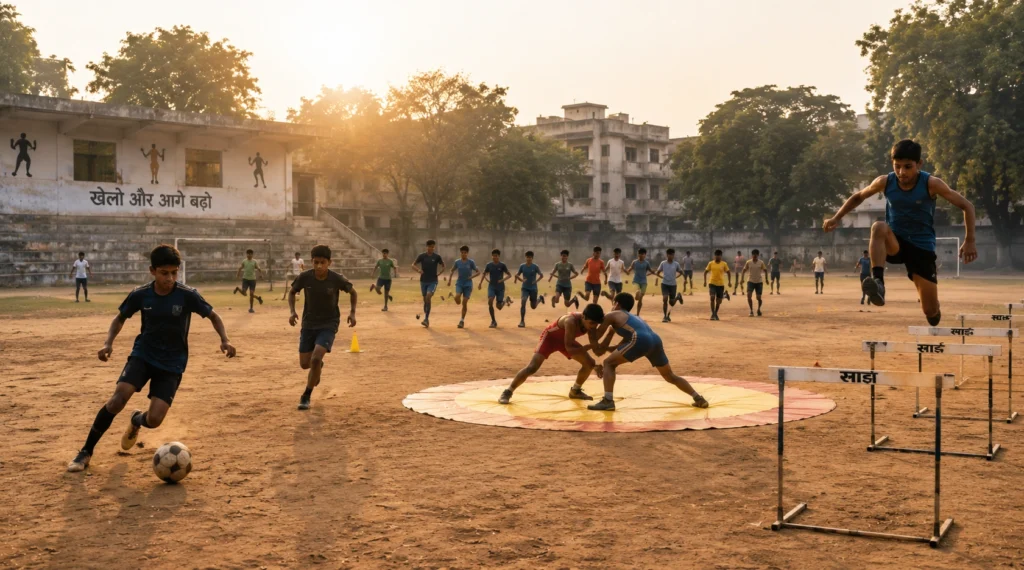 Children practicing football, athletics and wrestling together on an Indian school sports ground.