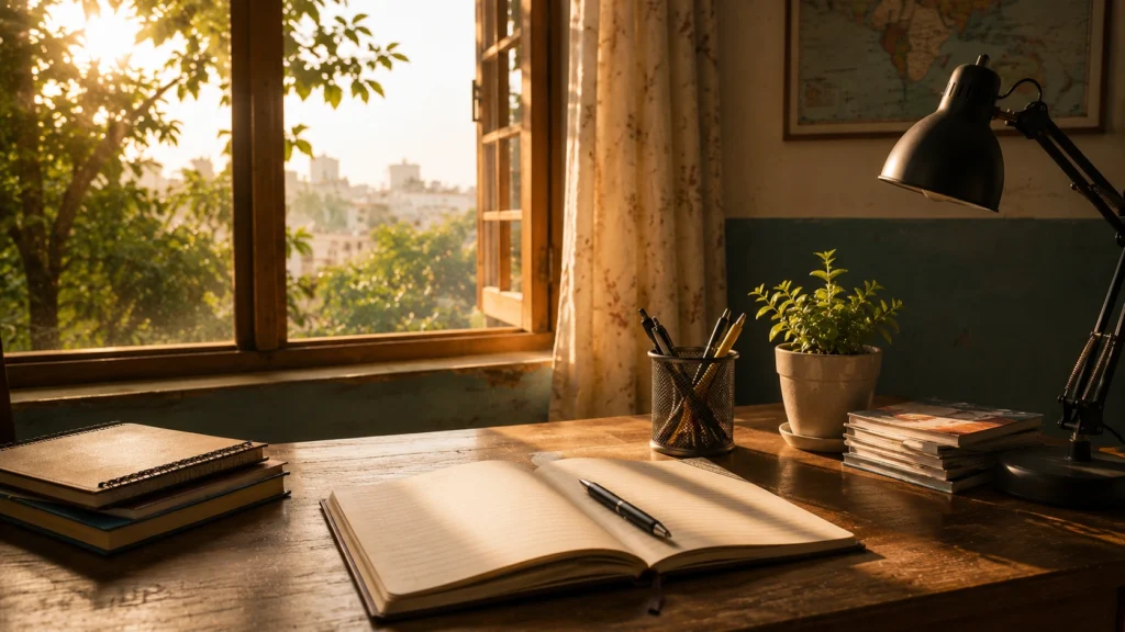 Open notebook on a study desk near a sunlit window symbolizing opportunity and future possibilities