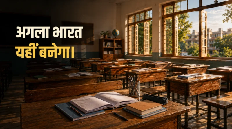 India's young population represented through an empty classroom and study desks symbolizing the country's future workforce