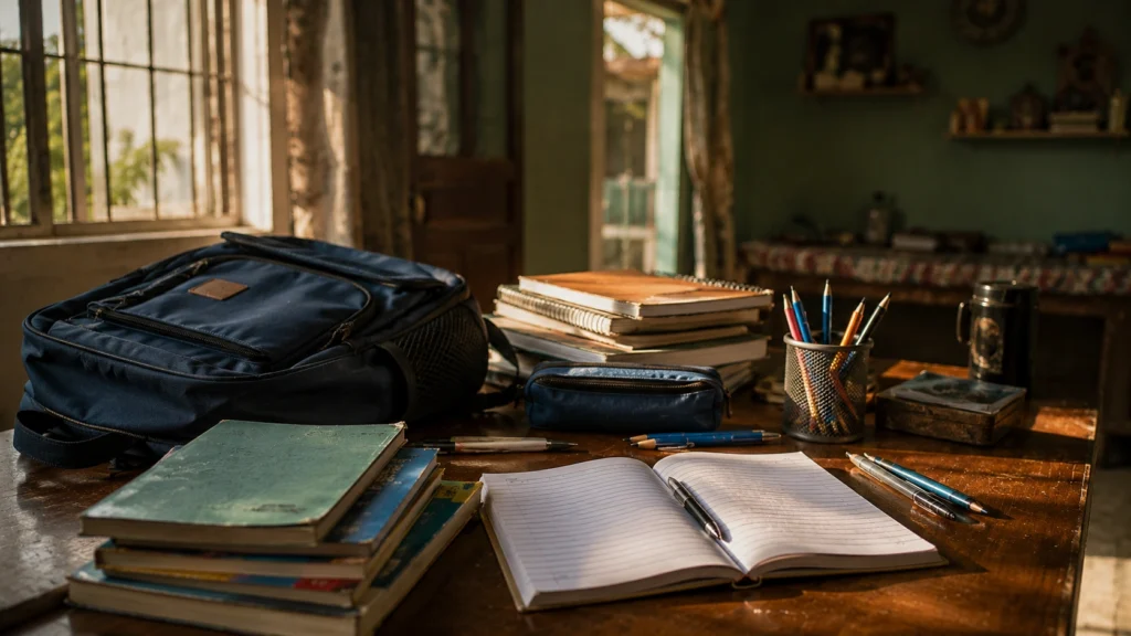 School bag, notebooks and study materials on a desk inside an Indian home representing the next generation