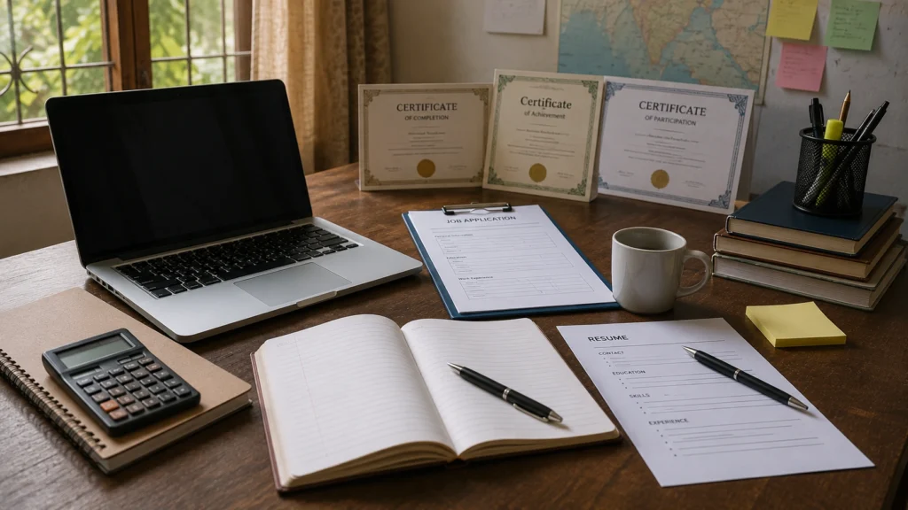 Laptop, certificates, resume and study materials representing skills development and future employment opportunities in India