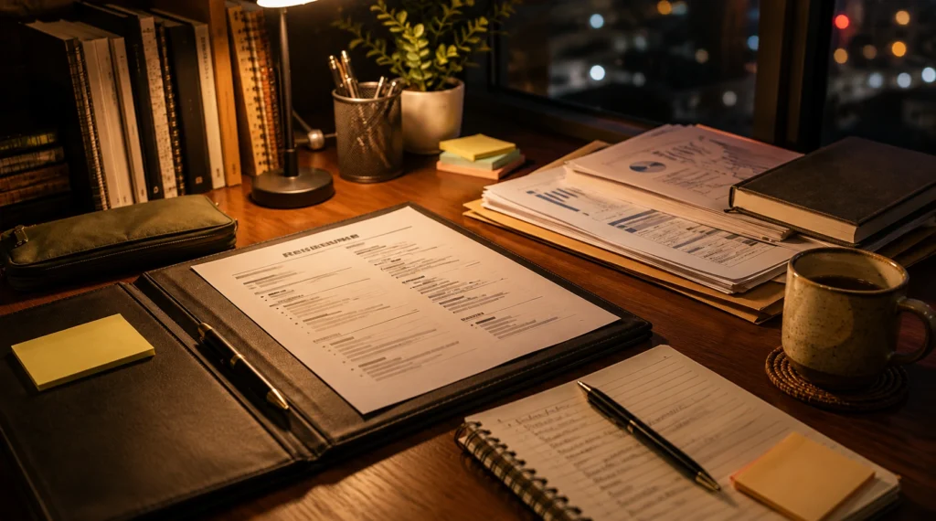 Resume folder, notebook and portfolio documents arranged on a desk before an interview