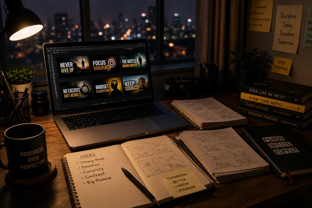 Late-night creative workspace of a thumbnail designer