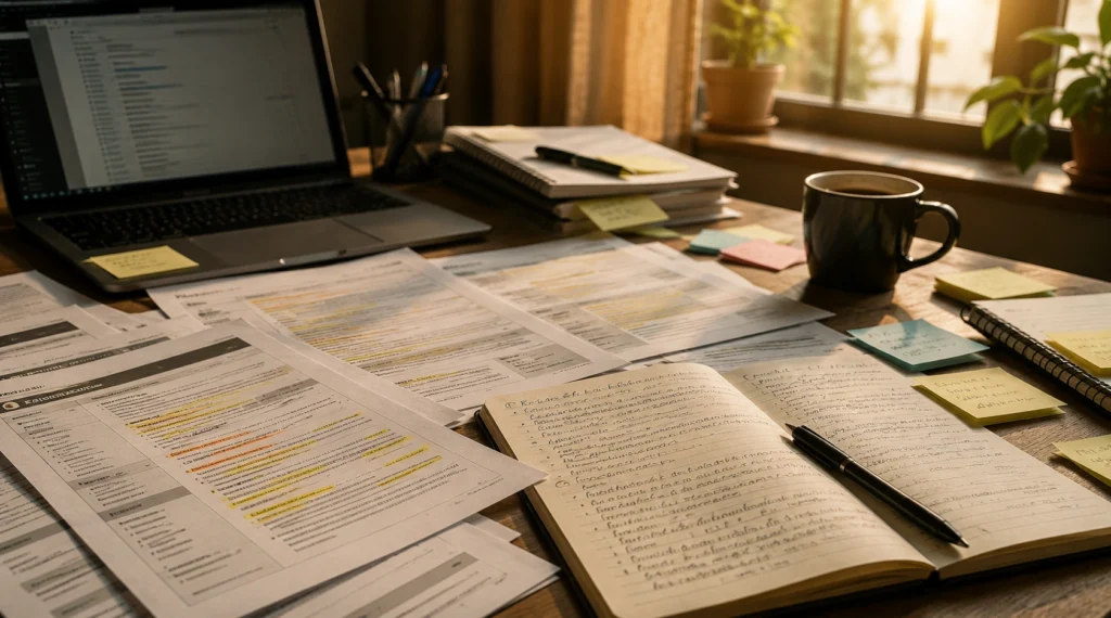 Resumes job descriptions and career planning notes on a desk during a job search