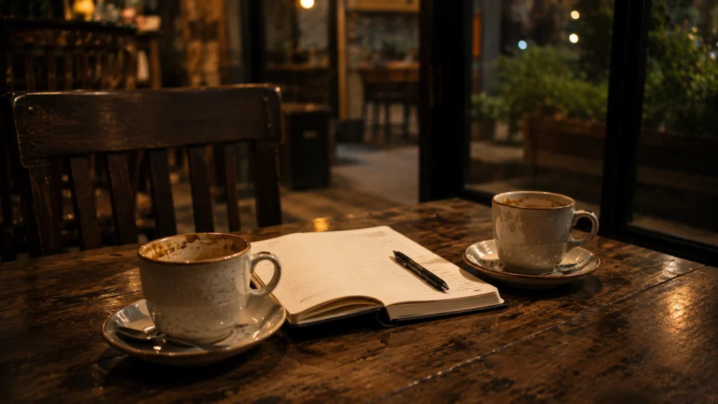 Notebook with rewritten thoughts representing mental conversation replay