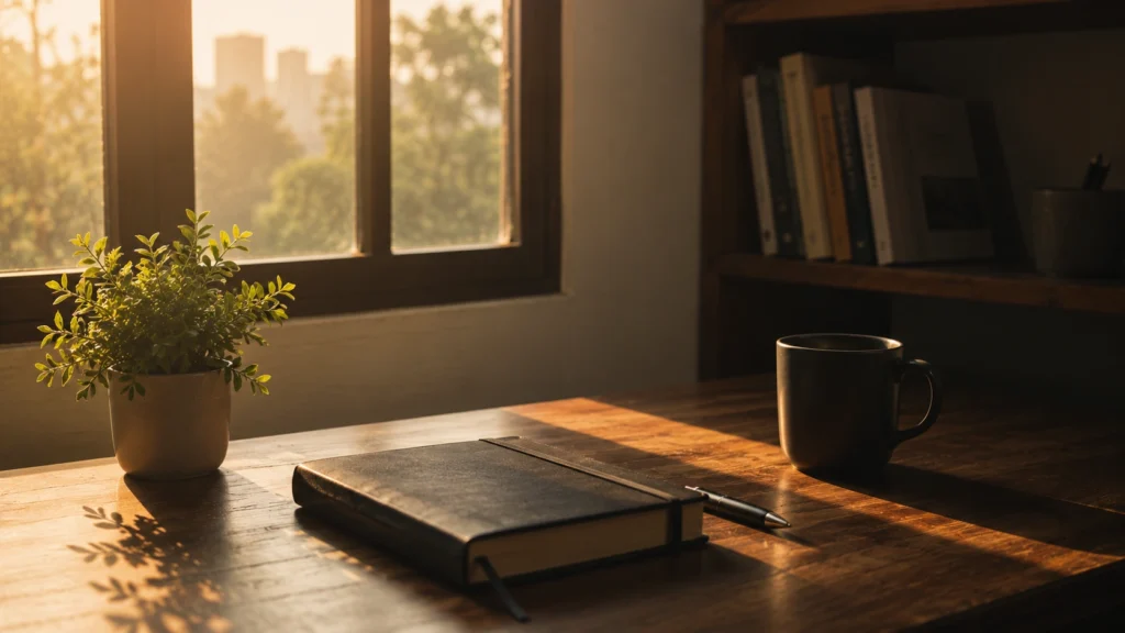Morning sunlight on a closed notebook symbolizing closure and moving forward