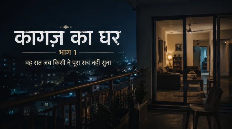 रात में अपार्टमेंट की बालकनी और रोशनी से जगमगाता घर, कागज़ का घर Part 1 की कहानी को दर्शाता दृश्य