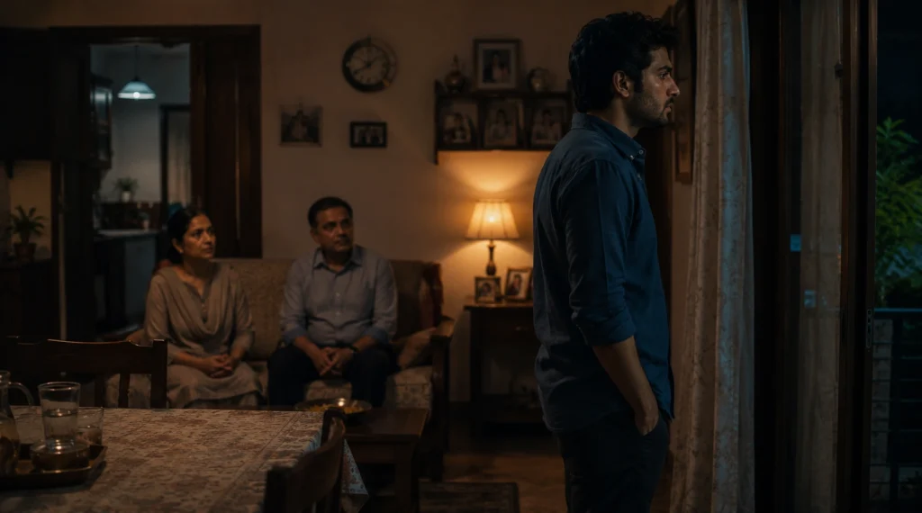 खिड़की के पास खड़ा युवक और पीछे बैठे माता-पिता, भावनात्मक दूरी कम होने का संकेत।