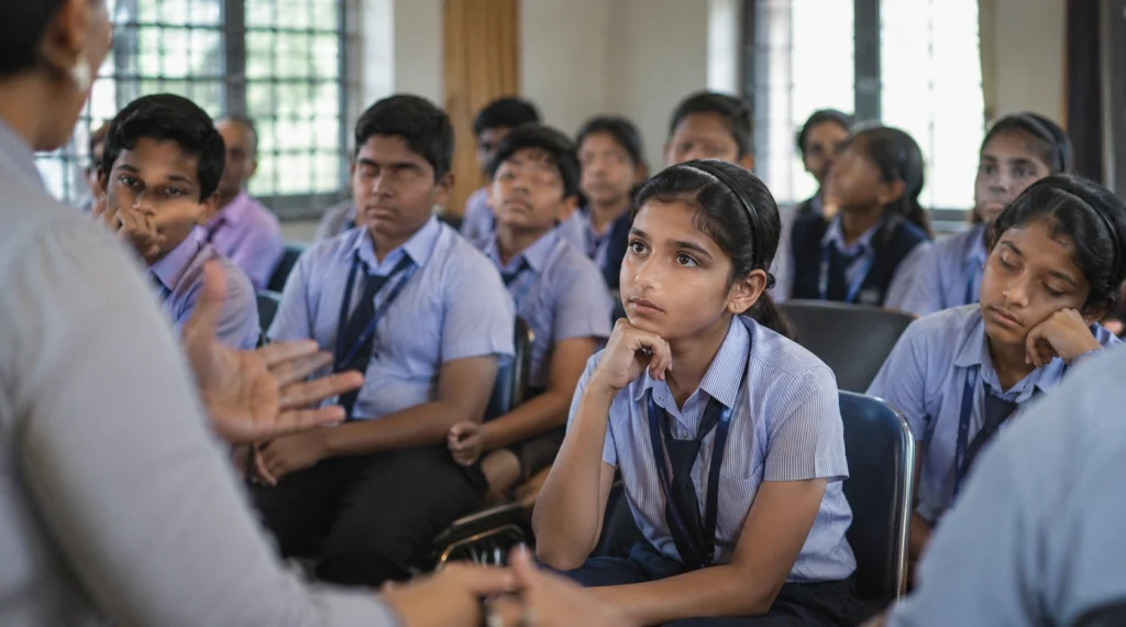 स्कूल में आयोजित पर्सनल सेफ्टी वर्कशॉप में ध्यान से बैठी एक छात्रा