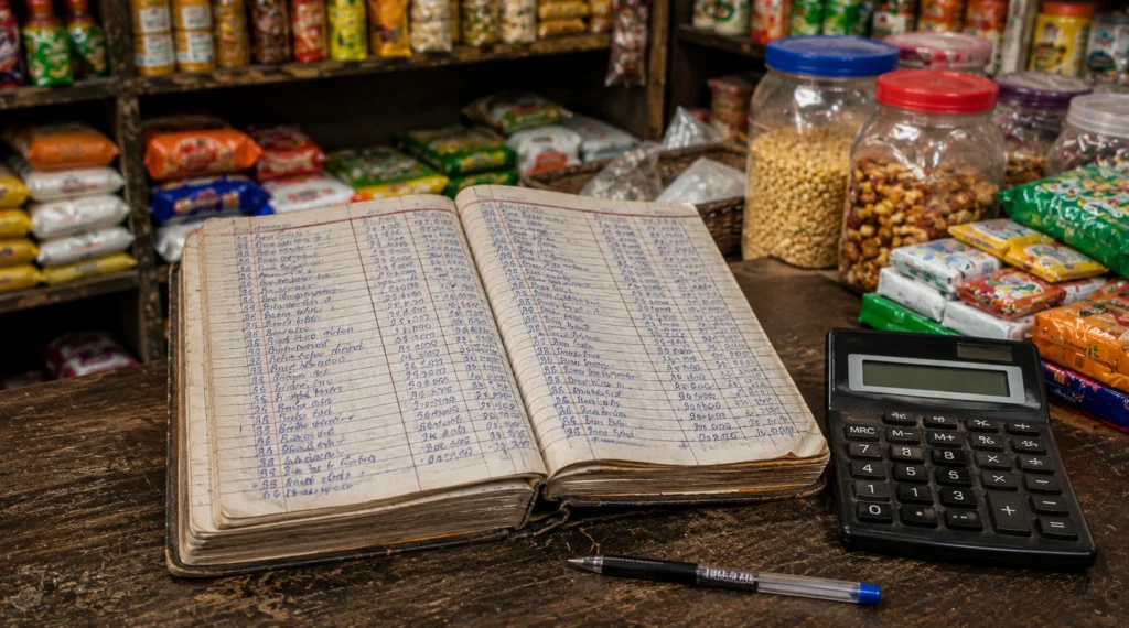 Traditional handwritten credit ledger book and calculator at an Indian kirana store.