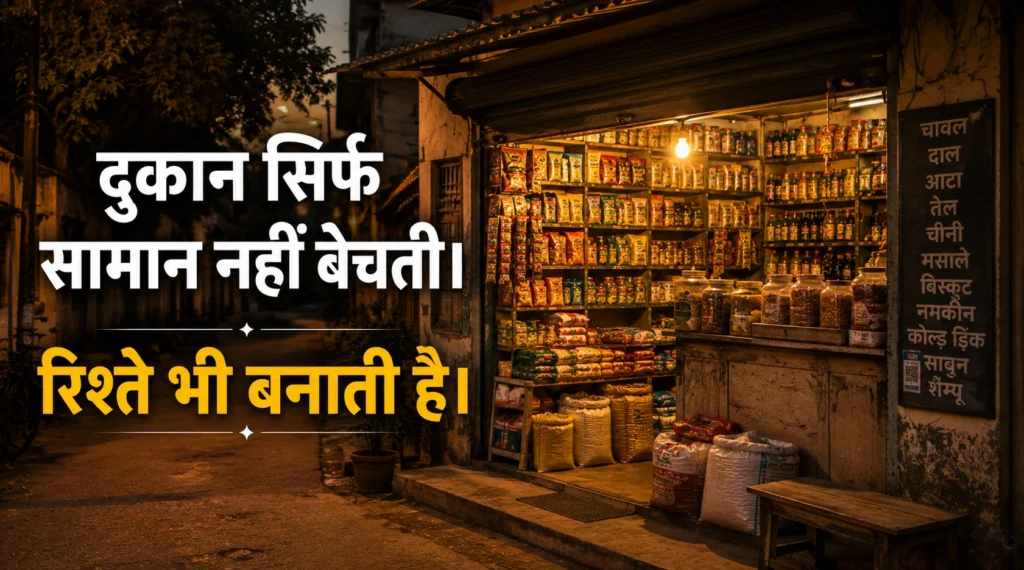 Small neighbourhood kirana store at dusk symbolizing trust, relationships and community connections.