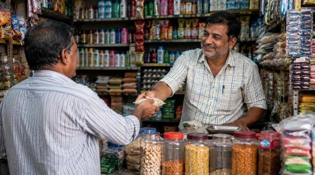 Local kirana shopkeeper serving a regular customer inside a neighbourhood grocery store.