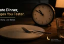 Analog clock beside an empty dinner plate representing late night eating habits