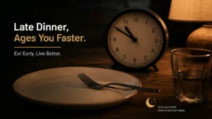 Analog clock beside an empty dinner plate representing late night eating habits