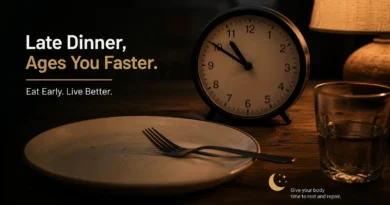 Analog clock beside an empty dinner plate representing late night eating habits
