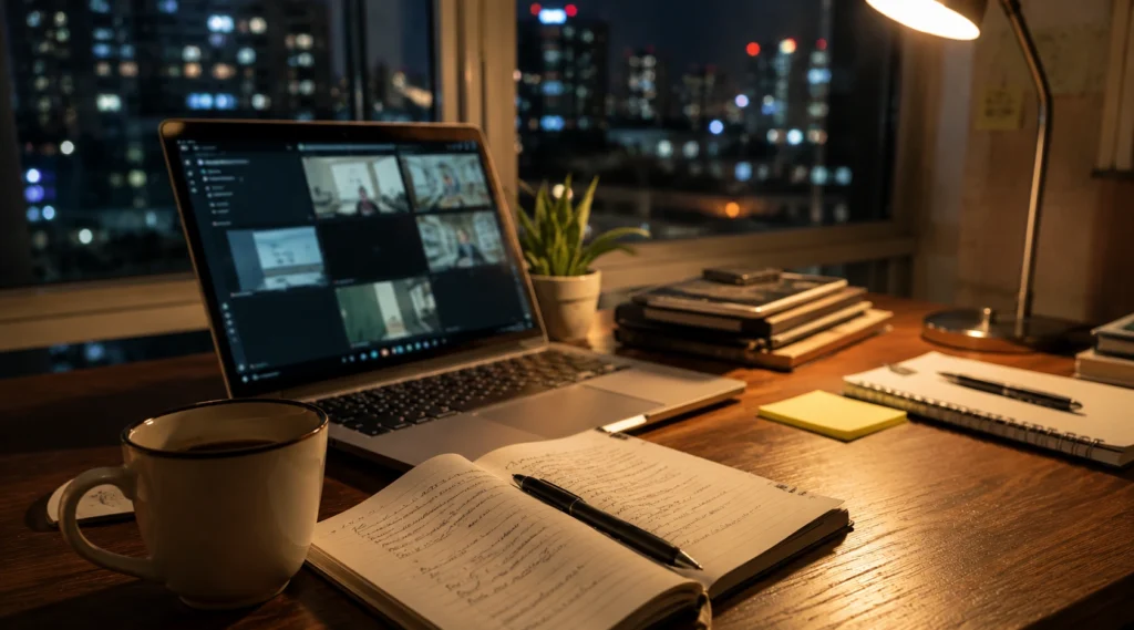 Late-night remote work setup during an international online meeting from India
