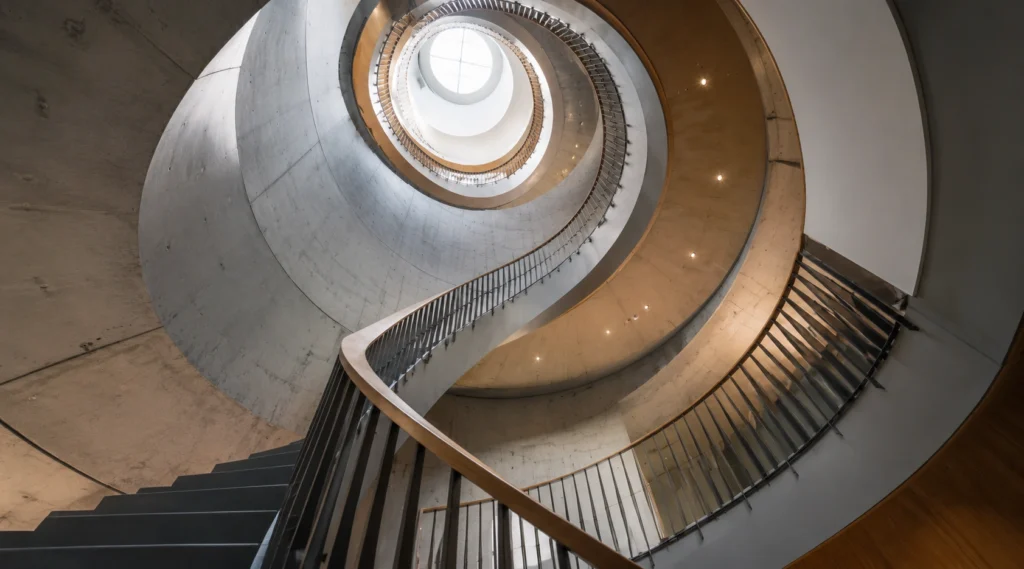 Spiral staircase inside a modern office building viewed from below