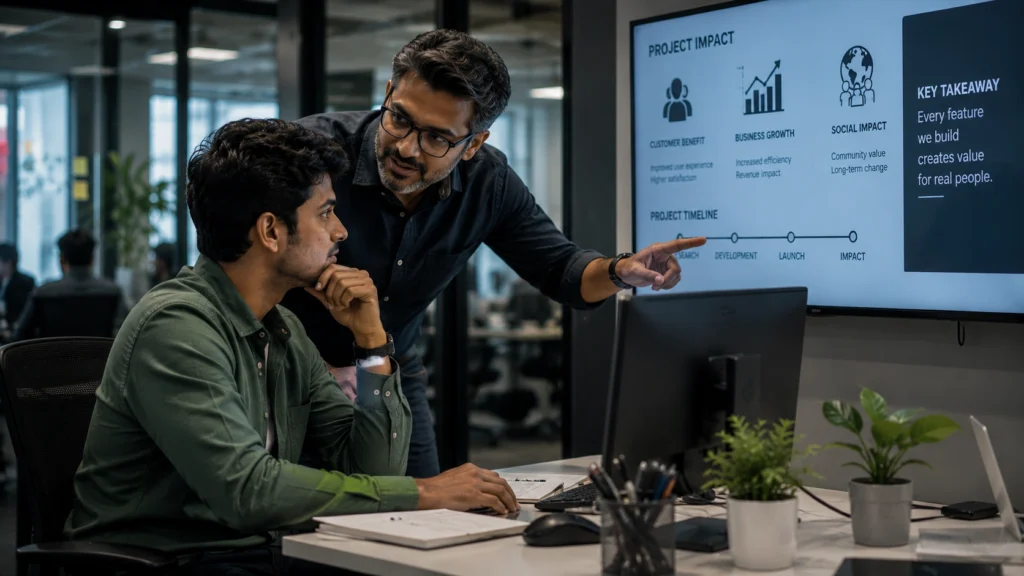 Senior manager mentoring a young employee and explaining project impact in a modern office.