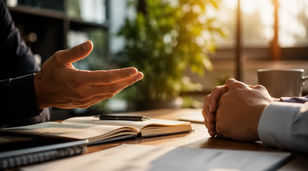 Two people engaged in a thoughtful discussion across an office desk