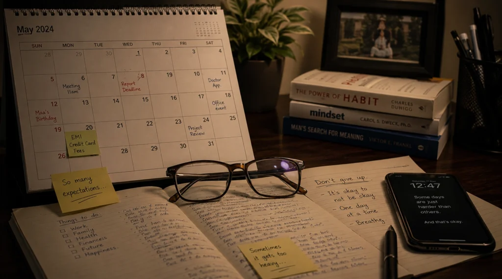 Calendar notes glasses and mobile phone representing life pressures stress and mental health challenges
