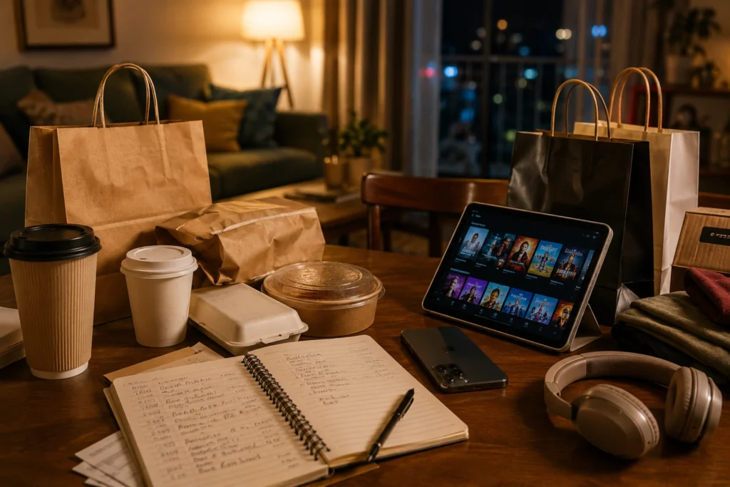 Dining table filled with shopping bags, coffee cups, food delivery containers, gadgets and monthly expense notebook.