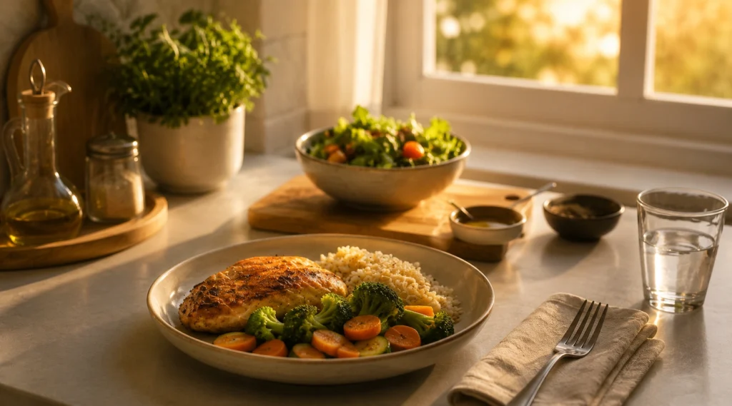 Simple home-cooked healthy dinner prepared during early evening