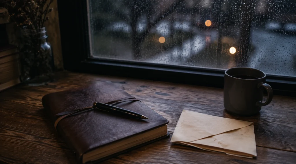 बारिश के बीच journal और पत्र, loneliness, emotional wellbeing और writing for mental health का प्रतीक