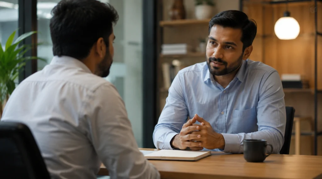 Two colleagues having a calm one-on-one conversation in a modern office