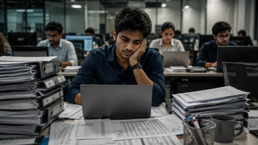 Young employee feeling disengaged while performing repetitive office work surrounded by reports and spreadsheets.