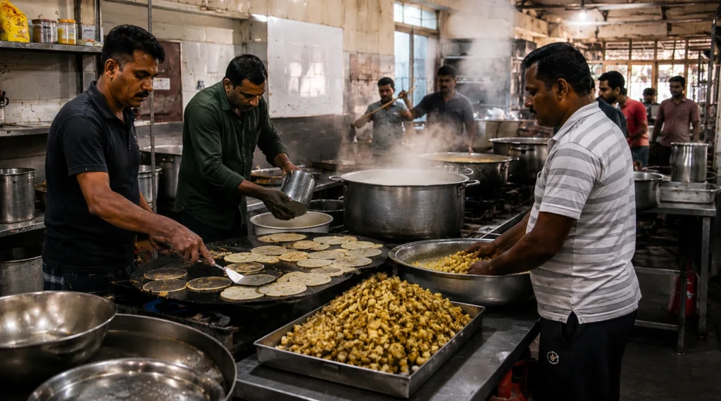 Mess workers preparing breakfast for coaching students