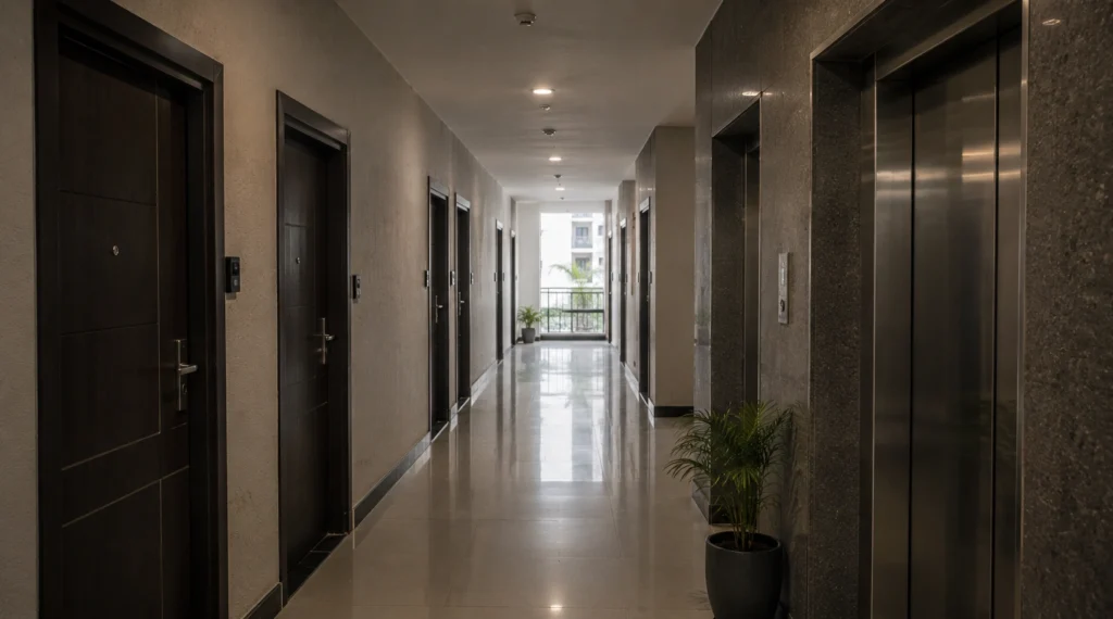 Modern apartment corridor with closed doors and elevator area representing changing social interactions