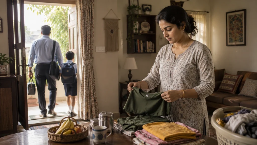 Indian woman managing family responsibilities while others leave for work