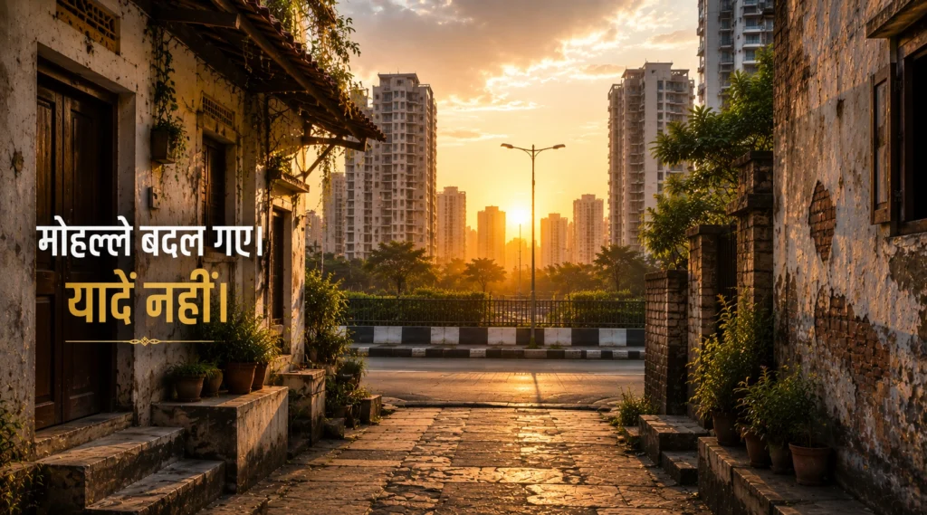 Traditional Indian lane opening toward a modern city skyline symbolizing social change and neighbourhood memories