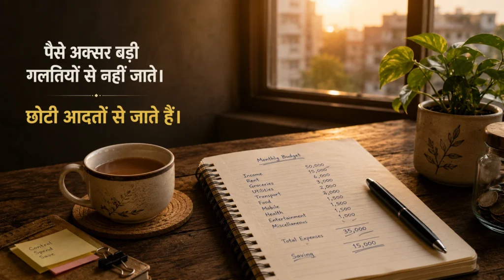 Budget notebook and tea cup near a window symbolizing financial awareness and mindful spending habits.