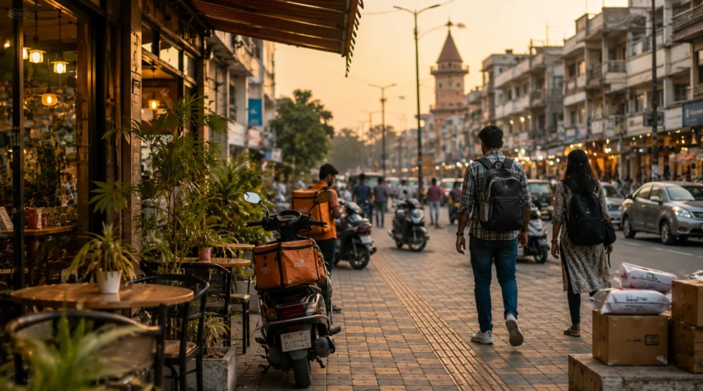 Modern non-metro Indian city street with café culture, delivery services and changing urban lifestyles.