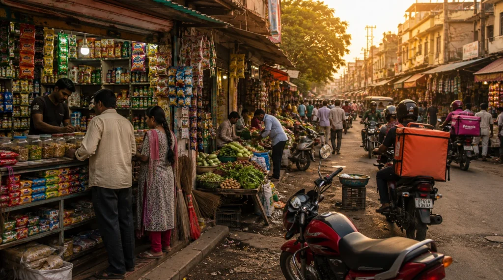 Busy non-metro Indian market with kirana stores, shoppers and delivery riders sharing the same space.