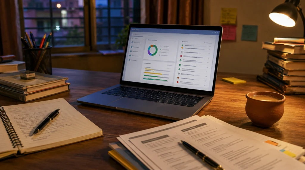 Laptop with job applications, resume documents and chai cup on a study desk during evening job search