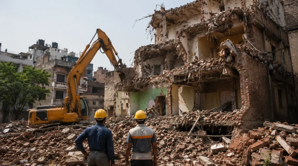 Demolition of an old building with debris and excavator in an Indian city