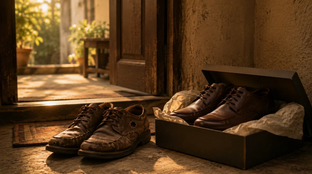 Old repaired shoes beside a new pair inside a shoebox near the entrance of an Indian home.