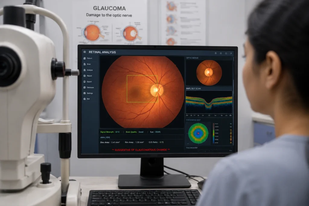 Retinal analysis monitor displaying optic nerve assessment used in glaucoma screening and diagnosis