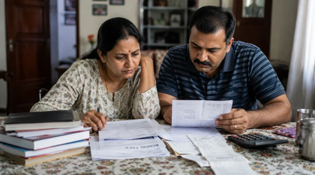 Indian parents reviewing educational expenses and household bills while making family decisions