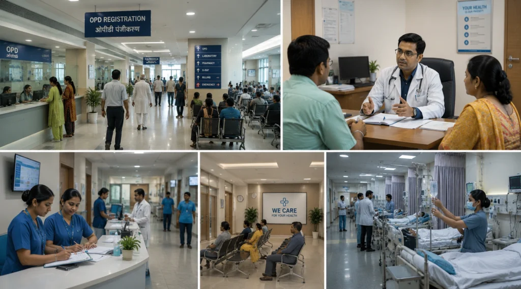 Patient registration, consultation, nursing station and critical care showing the complete hospital journey.