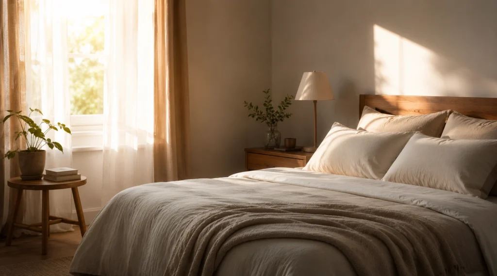 Peaceful bedroom with soft morning light representing restorative sleep