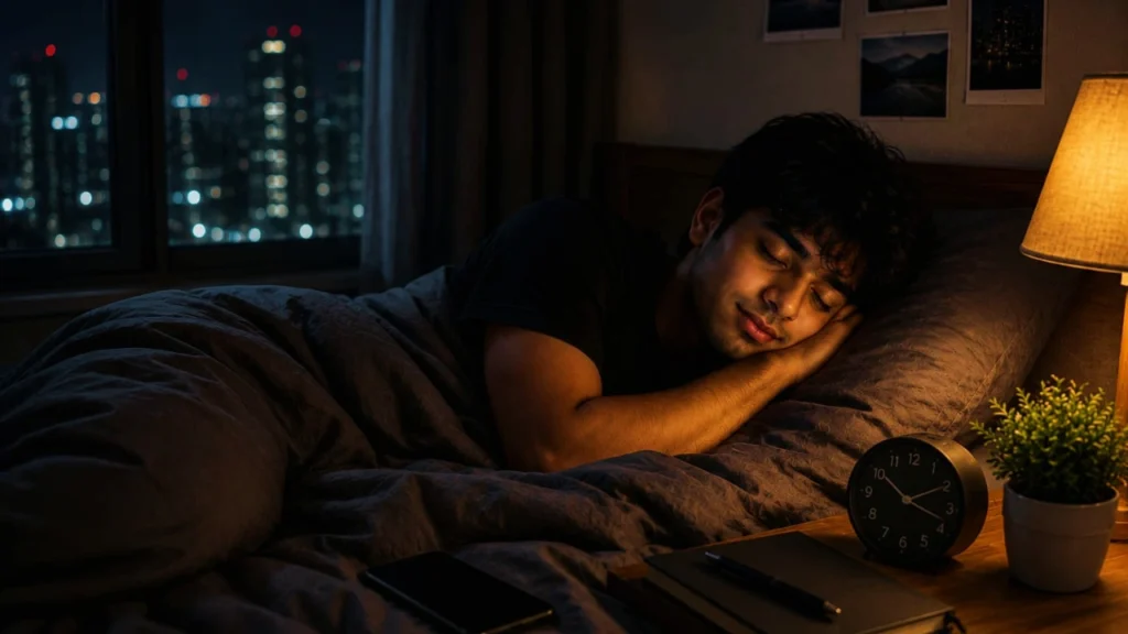 Phone placed face down beside books and warm bedside lamp, symbolizing rest and digital detox.