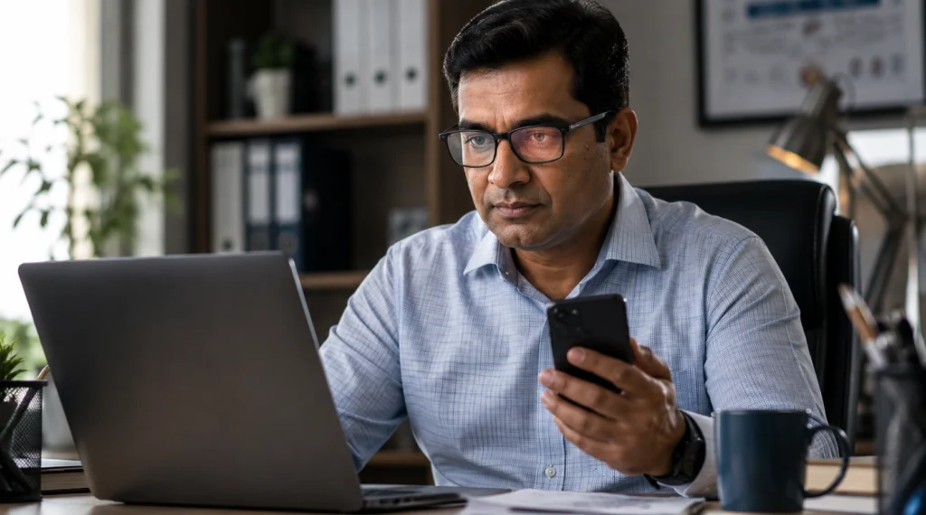 Middle-aged professional working on laptop and smartphone with apparently normal vision